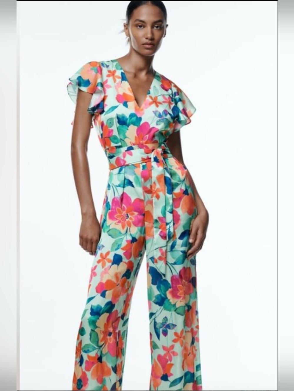 Zara Silky Floral V-Neck Wide-Leg Short Flutter Sleeve Jumpsuit Size L - Picture 12 of 12